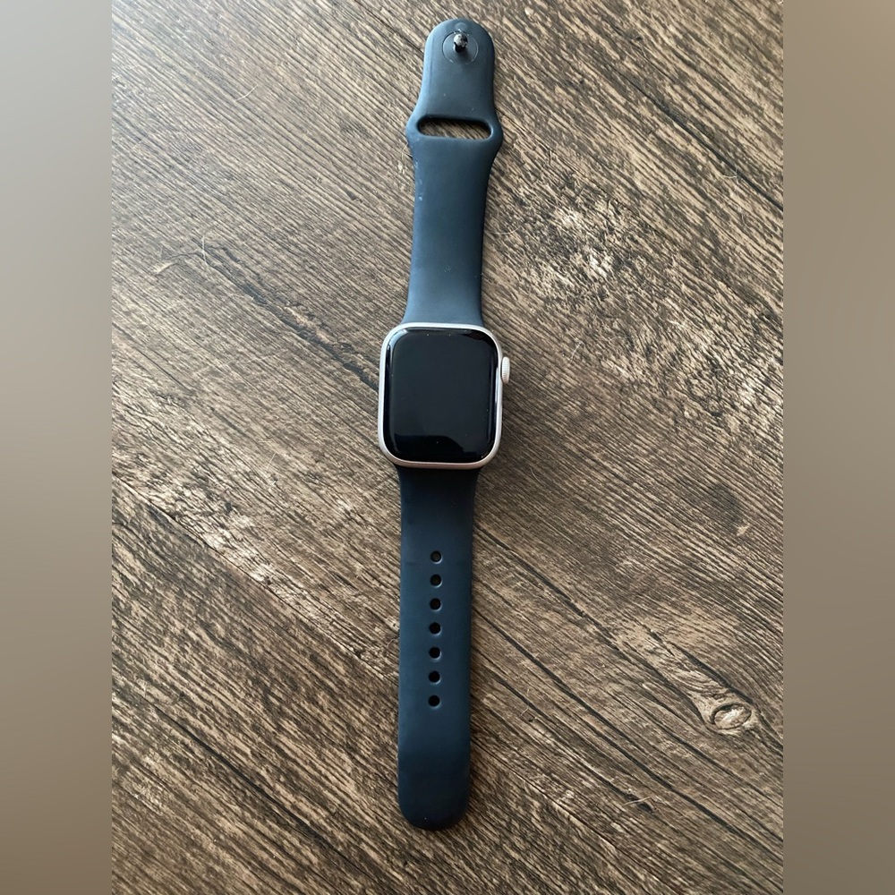 Apple Watch Series 8, 41 mm with S/M black band. Aluminum case, GPS only.